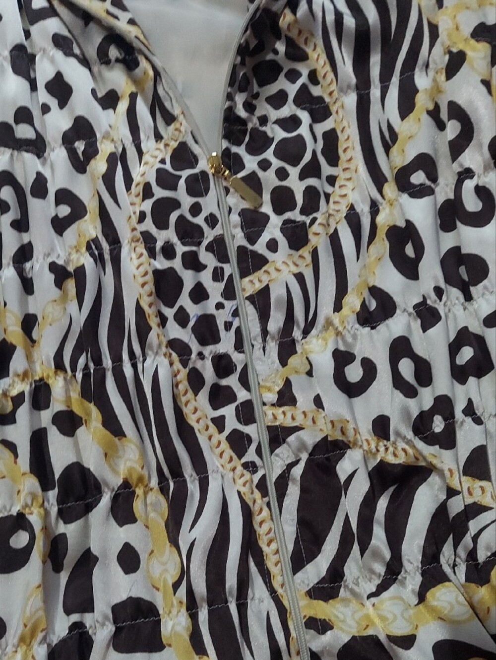 6 for $10 M&M Multiples Cream Zip-Front Animal Print Jacket with Gold Accents - Picture 8 of 14